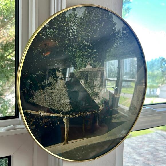 Vintage Round Bubble Glass Wall Art English Cottage Scene 12” Gold Frame - Picture 2 of 11